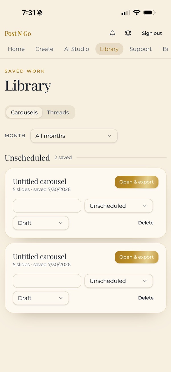 Post N Go library showing saved carousels grouped by month