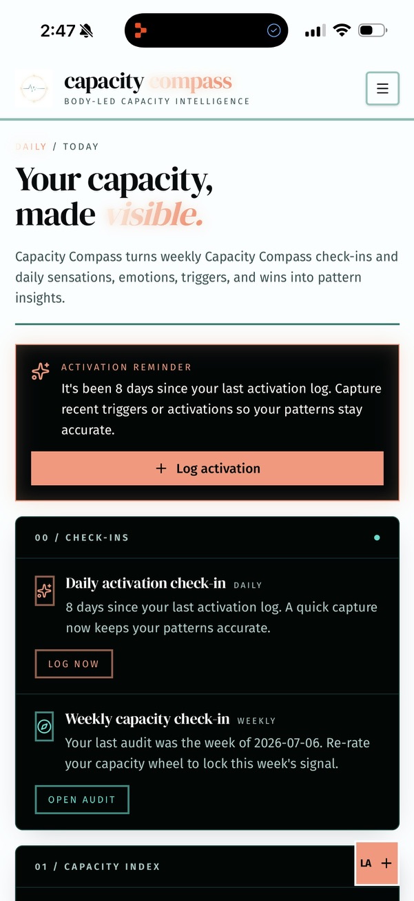 Capacity Compass home dashboard screen