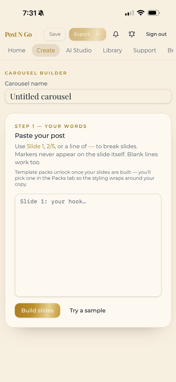 Post N Go carousel builder with the paste-your-post step