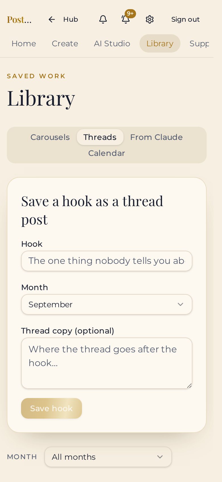 Carousel Queen library Threads tab saving a hook as a thread post